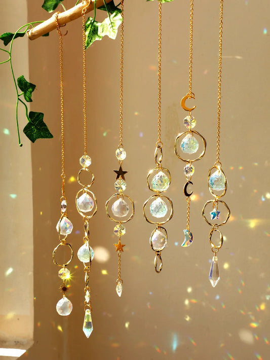 Boho Crystal Sun Catcher – Handmade Hanging Ornament with Gold Chain for Window, Wall, or Garden Decor
