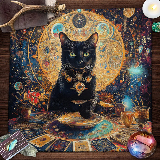 Colorful Mandala Black Cat Tarot Tablecloth – Witchcraft Altar Cloth with Moon & Star Design for Divination