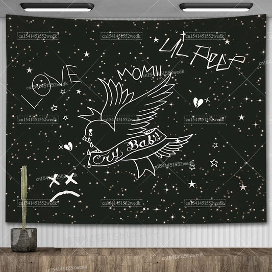 Lil Peep "Look At The Sky" Tapestry – Black Aesthetic Wall Hanging for Hippie & Witchy Room Decor