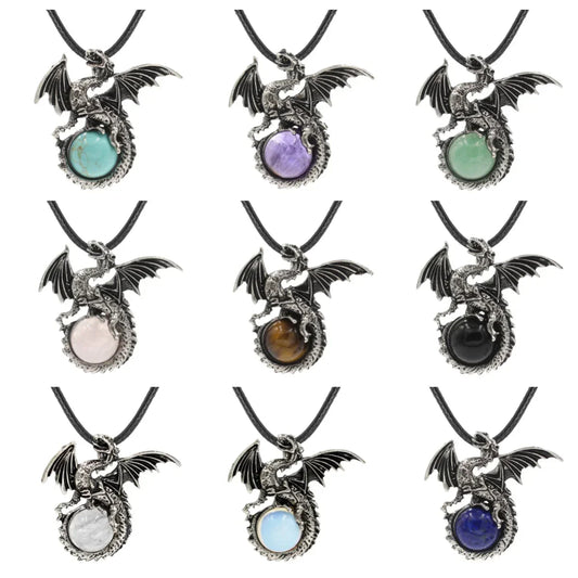 Chinese Dragon with Wings Gemstone Pendant – Healing Crystal Necklace on 45CM Black Cord